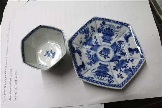 A Chinese Kangxi blue and white tea bowl and saucer